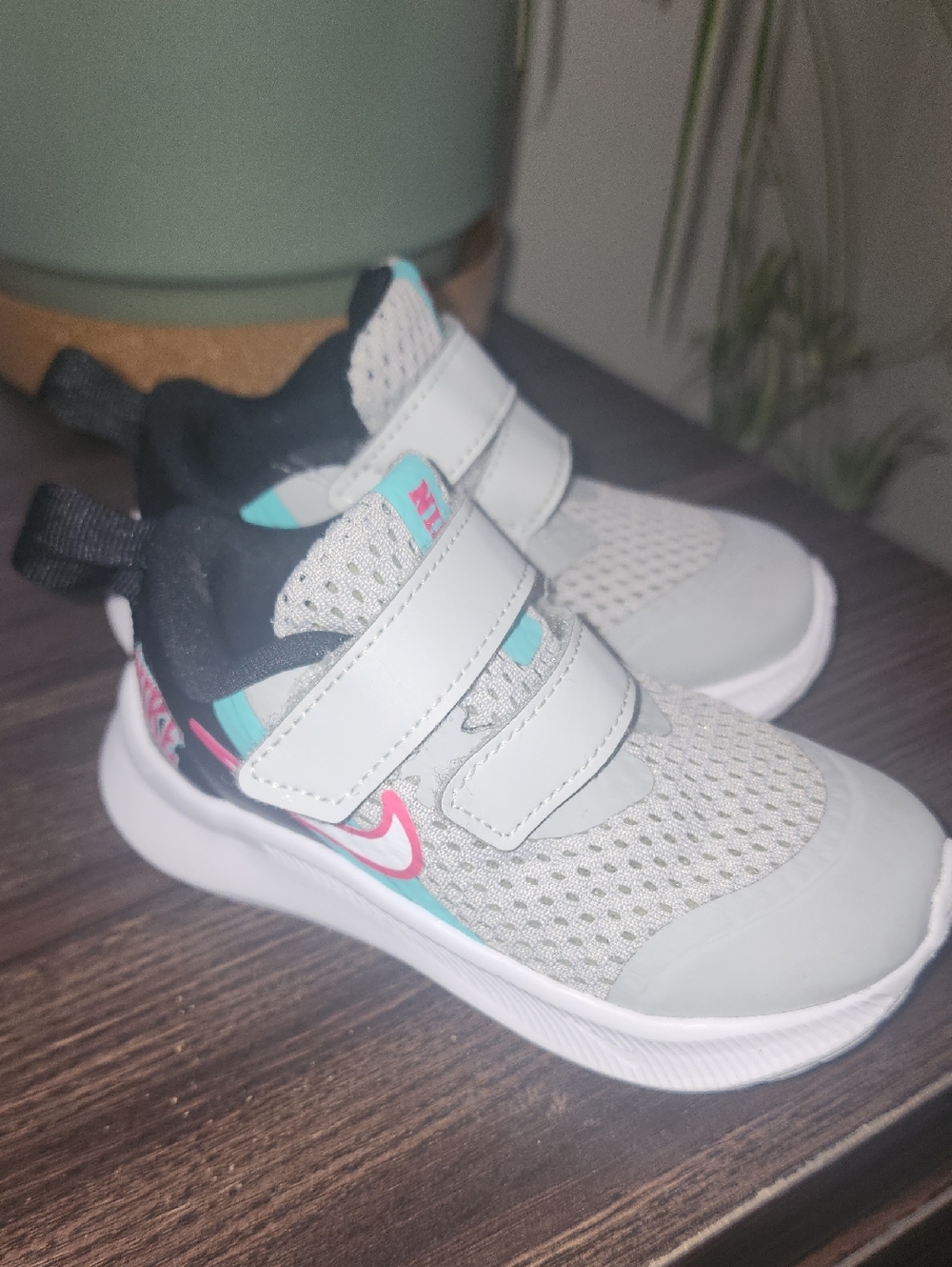 Nike Kids White & Teal Velcro Sneakers with Pink Swoosh